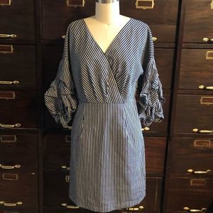 J.O.A. Navy/White Stripe Pleated Sleeve Dress -S